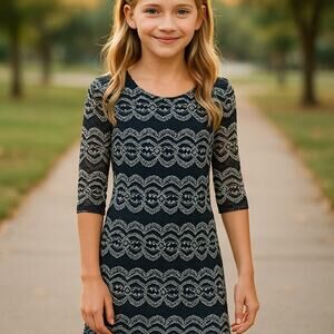 GB‎ Girls Dress Size Large Black Gold Lace Fitted Visible Zip NEW